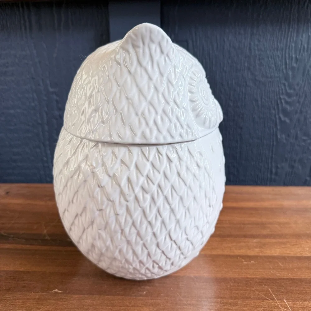 West Elm Owl Cookie Jar Canister White Ceramic Excellent Textured Feather Detail